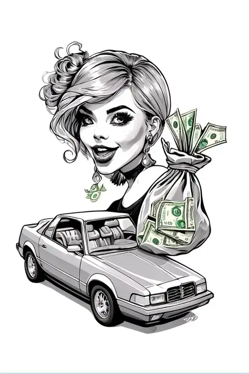 money dollor hot chick in car with bag of money tattoo design idea