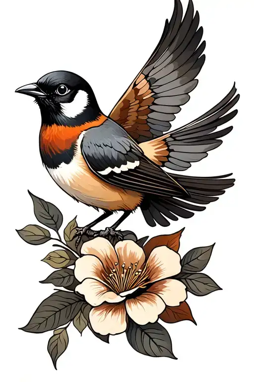 Neo traditional flying Sparrow, on the lev, black/grey/Brown/beige and some traditional flowers tattoo design idea