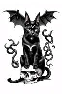 Black cat with bat wings, pentagon on forehead, with goat horns, serpents coming out of mouth, standing on a skull  tattoo design idea