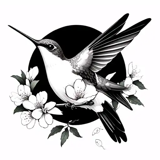 black & white humming bird and Cherry Blossom tattoo  tattoo design idea
