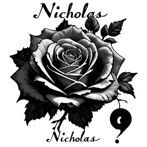 "Nicholas " rose and semicolon inside tattoo design idea