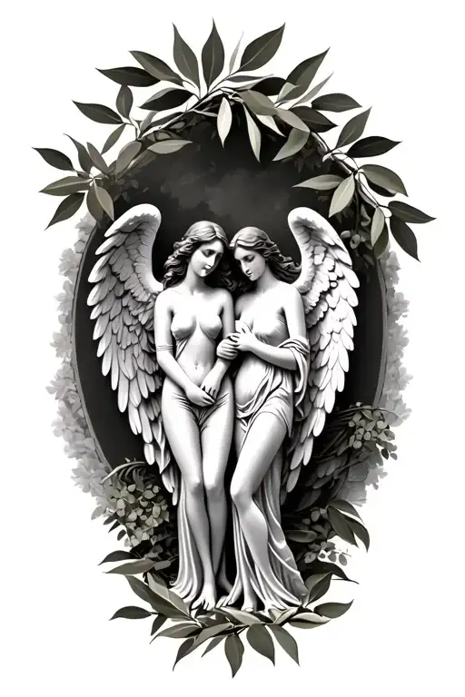 3-4 angels with olive tree leaves back ground tattoo design idea
