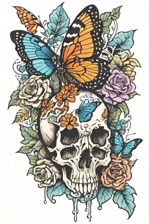 butterfly, mushroom and deer skull tattoo design idea