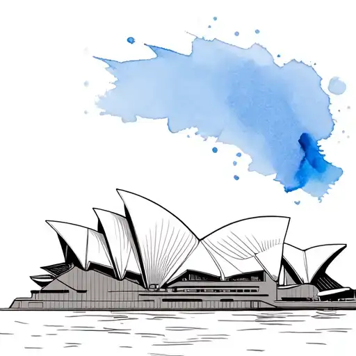 minimalist sketch outline of the Sydney opera house with a mixed blue watercolour background tattoo design idea