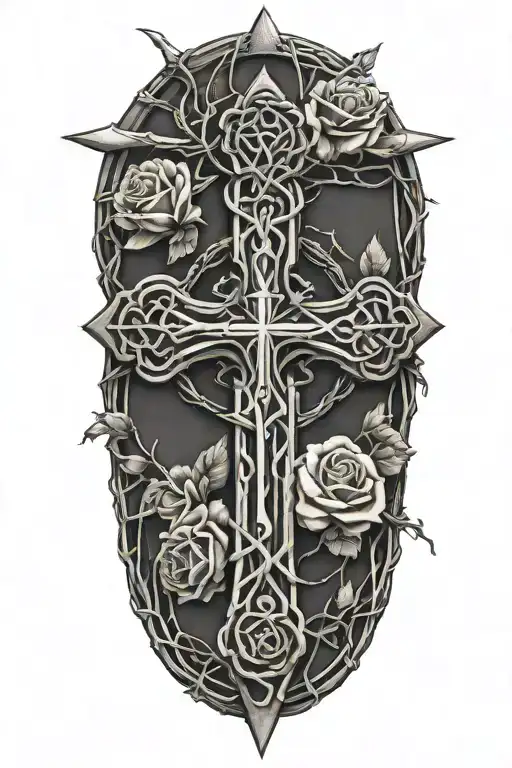 cross wrapped in barbed wire with roses with angel tattoo design idea