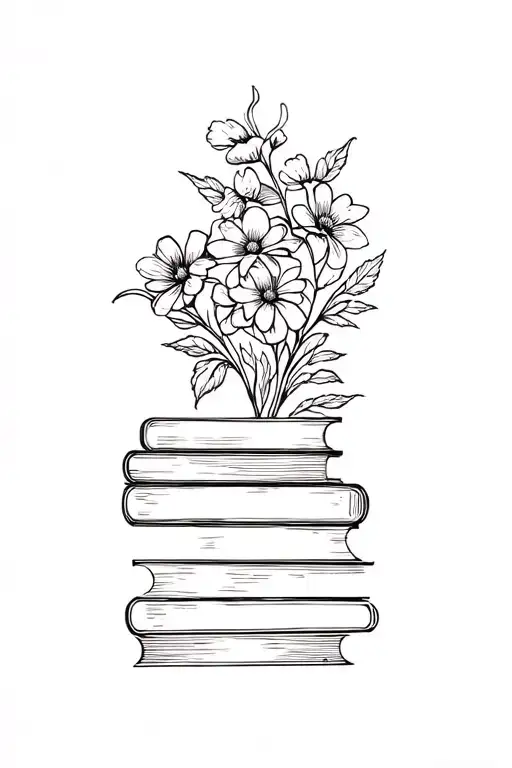 stack of books and flowers growing tattoo design idea