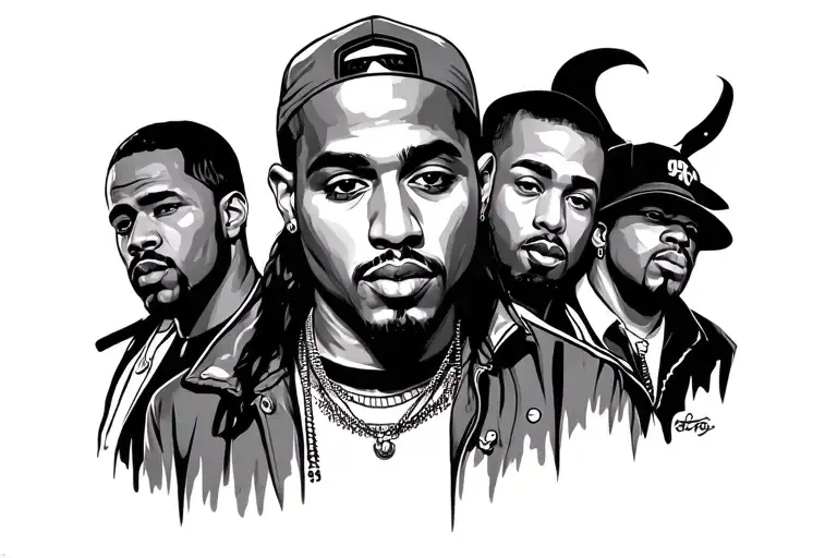 I want gangster style tattoo along with several American rappers Tupac, Big, Ice Cube, 50 Cent, Snoop Dogg tattoo design idea
