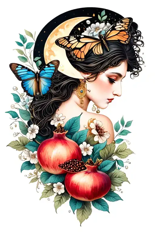 ancient priestess portrait, waxing crescent moon, pomegranate, art nouveau flowers, pearls, butterfly, 11, air glyph tattoo design idea