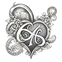 letter C with a heart inside split by the peace and love sign and in the heart two letters, the letter E and M tattoo design idea