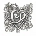 letter C with a heart inside split by the peace and love sign and in the heart two letters, the letter E and M tattoo design idea