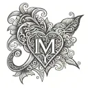 letter C with a heart inside split by the peace and love sign and in the heart two letters, the letter E and M tattoo design idea