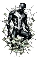 "EGO" Symbiote suit Spider-Man with dollar bills entangled in the web. tattoo design idea