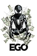 "EGO" Symbiote suit Spider-Man with dollar bills entangled in the web. tattoo design idea
