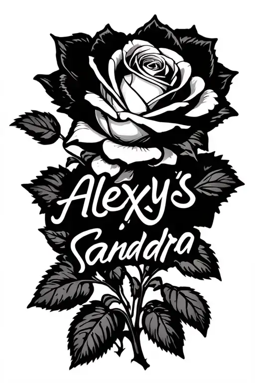 "Alexys Sandra " Rose with stem writing tattoo design idea