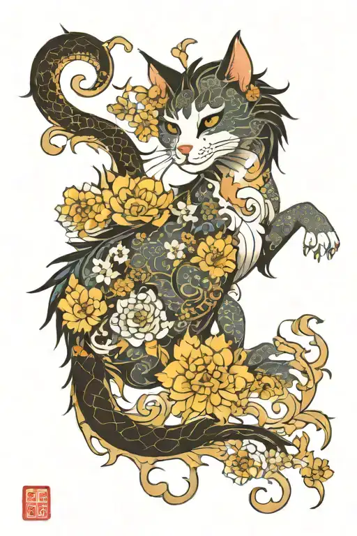 dragon cat horse. water moon sun. tail made of different flowers  tattoo design idea