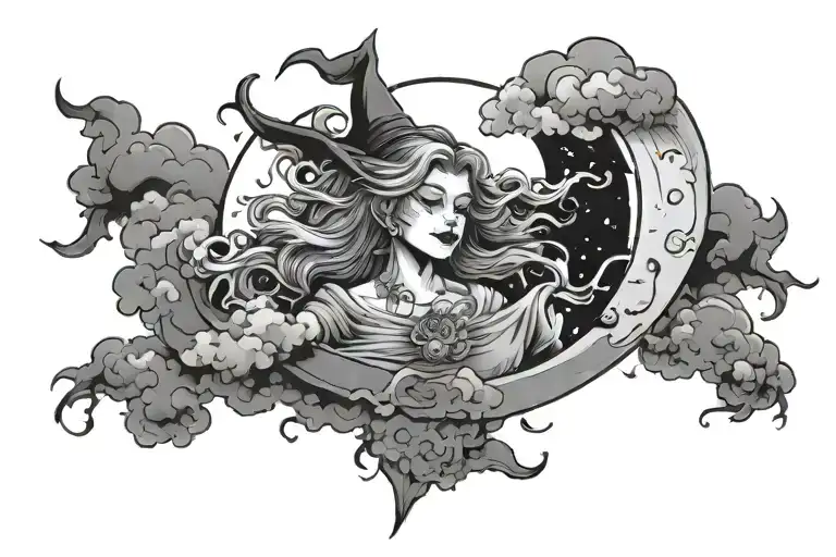 moon witch cloud background tattoo design idea