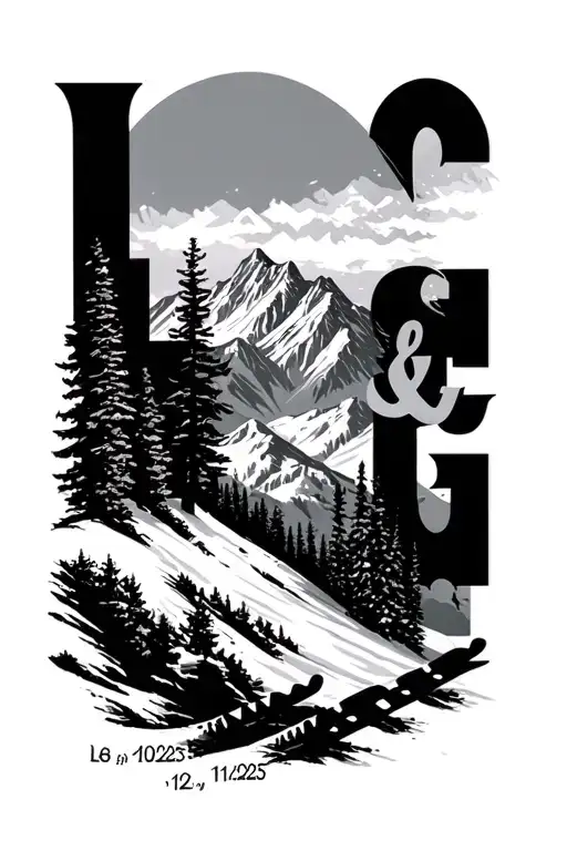 Ski mountain landscape with the letter L & G and add 18-01-2025 and 11-04-2025 tattoo design idea
