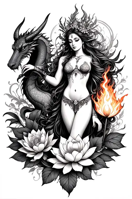 Aries sexy goddess surrounded by poeny and lotus flowers and dragons holding fire tattoo design idea