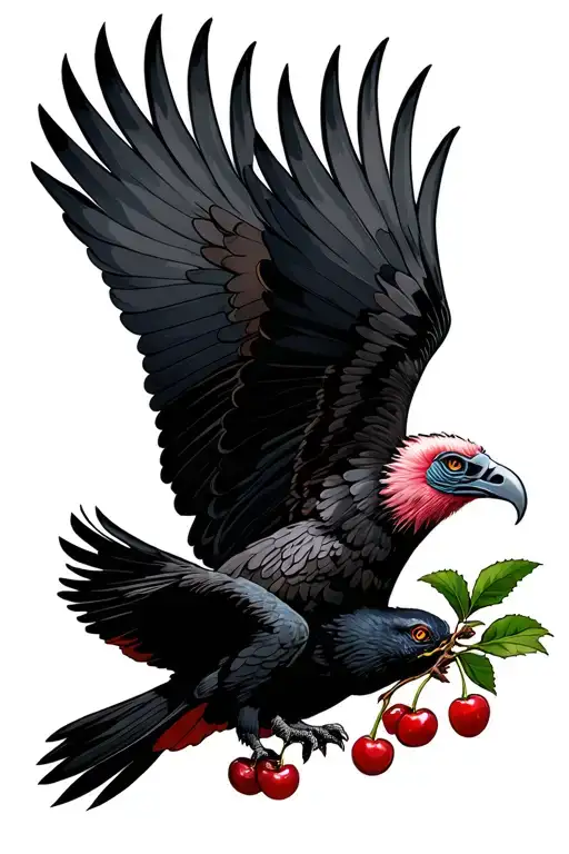 “A black vulture flying while holding a branch of coffee cherries in its claws, wearing the mask of Princess Mononoke. T tattoo design idea
