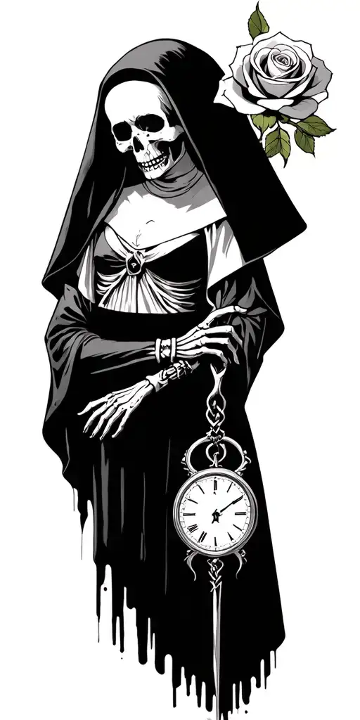 bad girl nun, skeleting hand holding metal cain, rose and time tattoo design idea