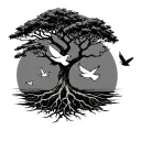 Tree With Doves flying. Roots connected to the Country USA, Cambodia tattoo design idea