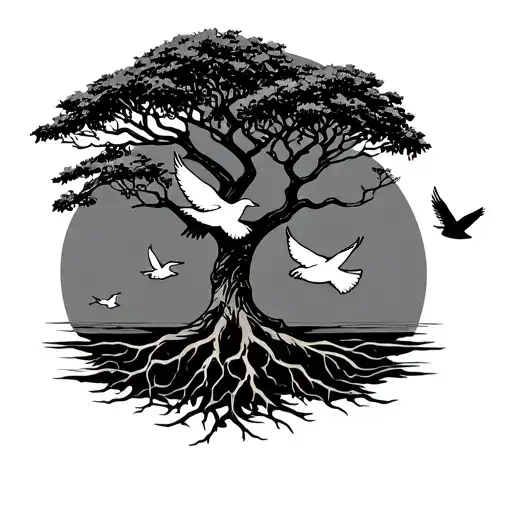 Tree With Doves flying. Roots connected to the Country USA, Cambodia tattoo design idea