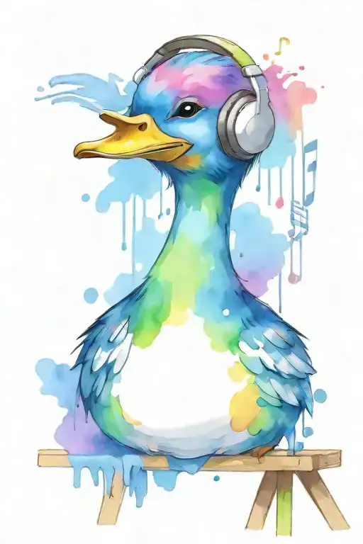 cartoon duck wearing headphones, painting on an easel. include colourful water colour splotches with music notes tattoo design idea