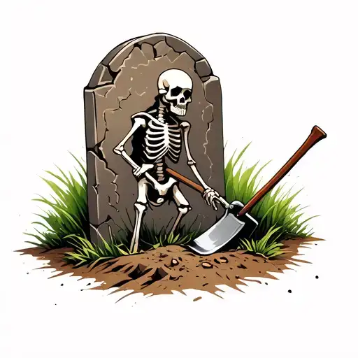 a skeleton digging with a showel at a grave site with a cracked tombstone  tattoo design idea