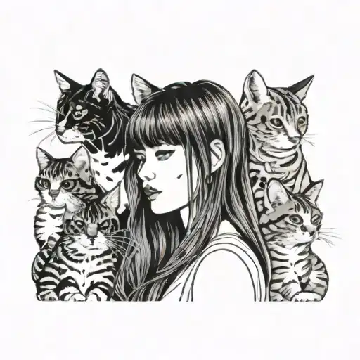 girl with long hair and bangs with 6 cats playing tattoo design idea