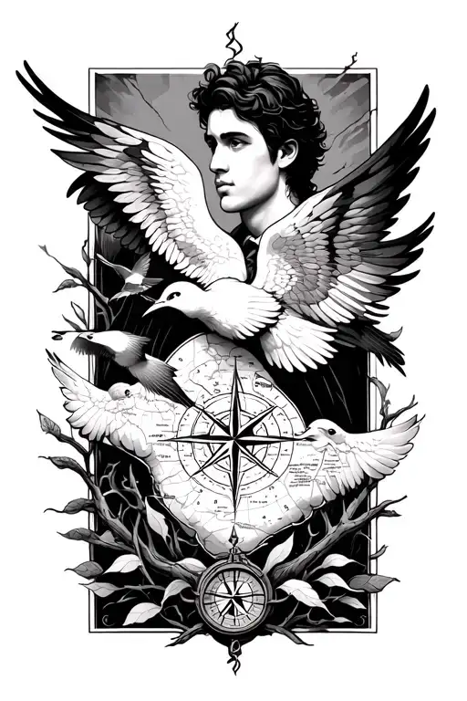 new beginning, better person, male, wing, compass, birds, branches, tree, map tattoo design idea