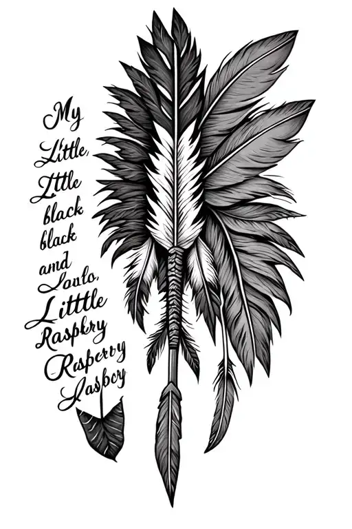 Realistic native american arrow with feathers on it and writing along side it that says My Little Raspberry tattoo design idea