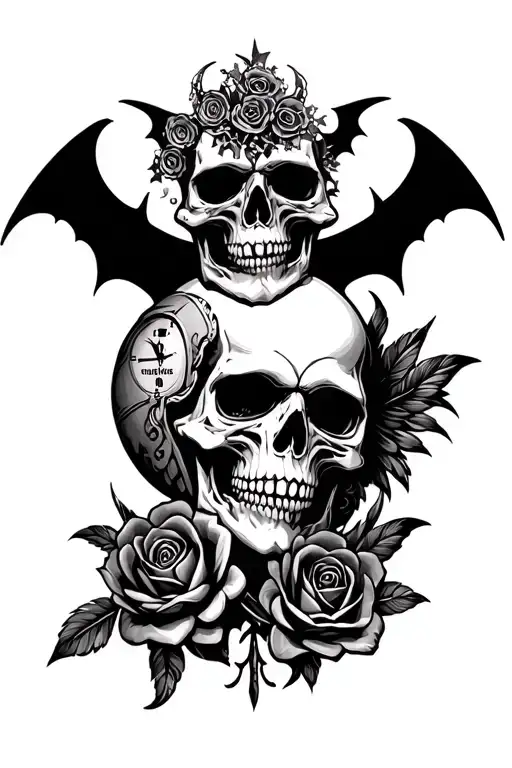 Skulls,reapers,roses,wings,feathers,bats,clocks,gears,armor,blackouts,zombies tattoo design idea