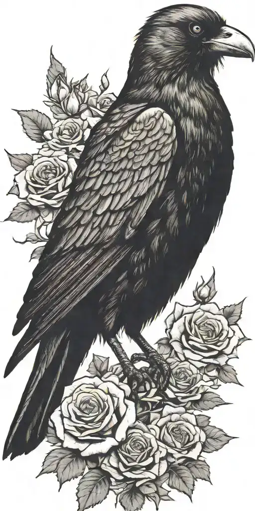 crow perched atop roses tattoo design idea