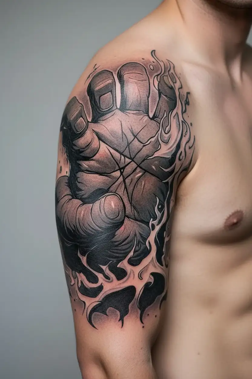 Draw a tattoo on the green hand of the Hulk, which depicts elements of sound, acid, fire, cold and electricity. tattoo design idea