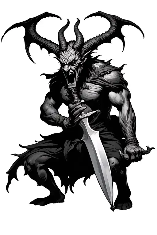 devil holding weapon in Black and White tattoo design idea