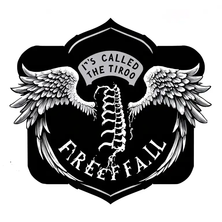 small wings with the phrase it's called freefall in the middle going down the spine tattoo design idea