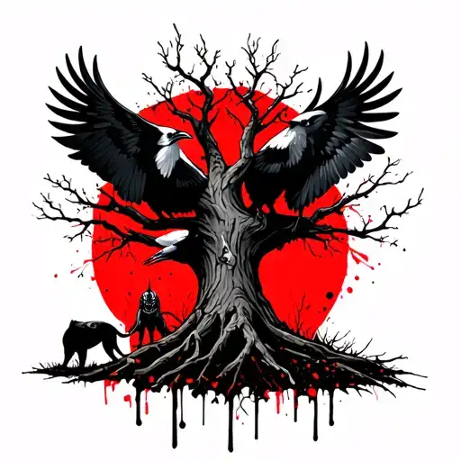 Realistic, black. The tattoo an old tree with two ravens, in front of the tree there is a Viking and a dog at feet tattoo design idea