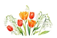 lily of the valley, orange tulips and red lupins tattoo design idea