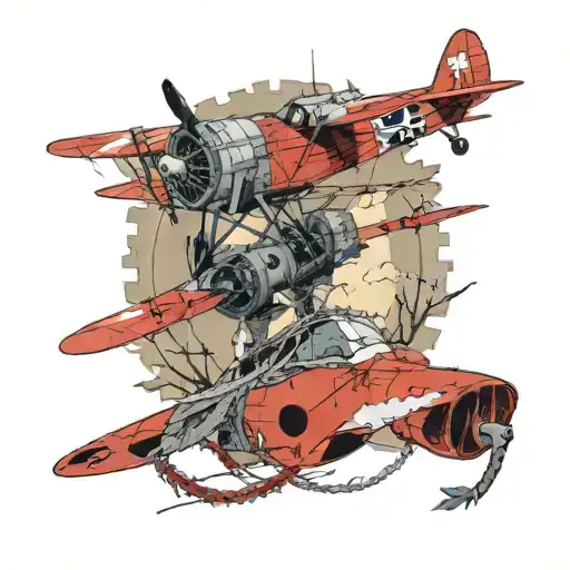 Red Baron's plane flying over No Man's Land. Barbed wire and a fallen soldier in No man's land with a ross rifle aiming  tattoo design idea