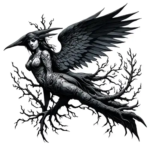willow tree and morrigan Irish goddes tattoo design idea