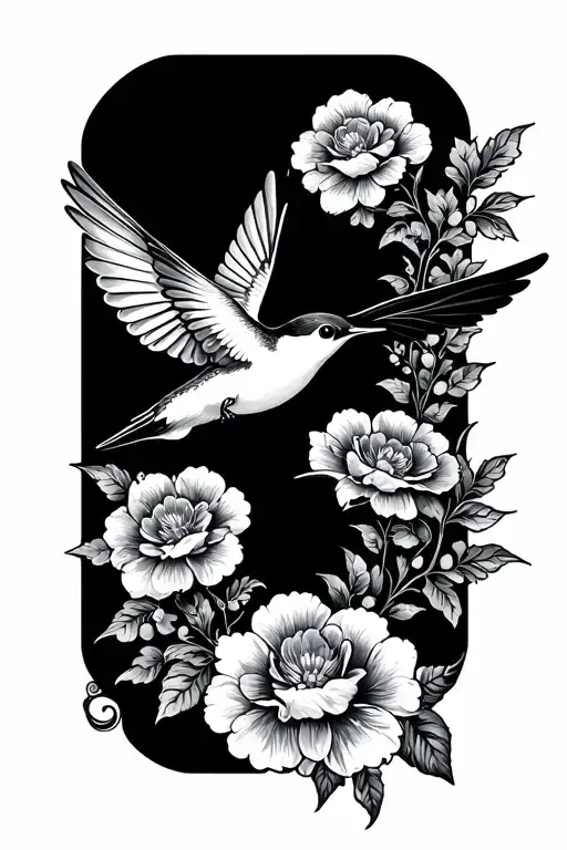 floral lace with hummingbird flying tattoo design idea