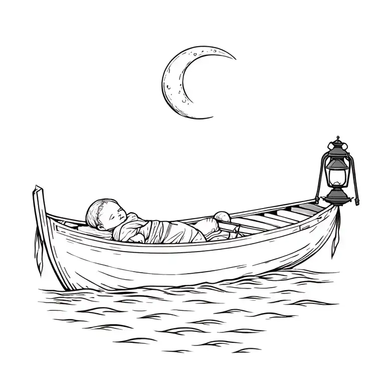 row boat with a lantern drifting in sea with a baby wrapped in a blanket inside. a crescent moon above with morning glor tattoo design idea