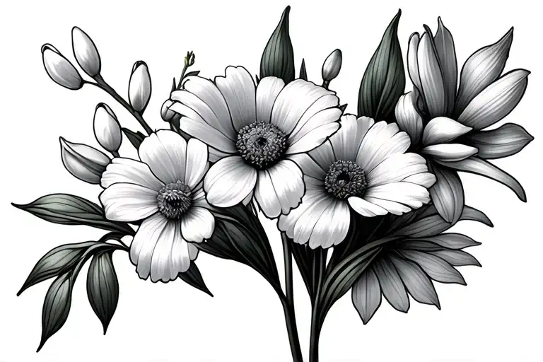 snowdrop flower, honeysuckle, chrysanthemum, poppy, gladiolus, cosmos, lily of the valley tattoo design idea