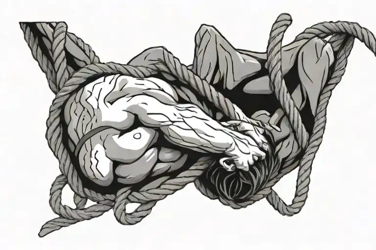 man tied to three rocks by rope intertwined tattoo design idea