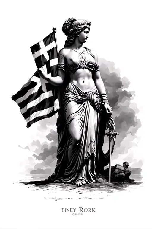 athena greek goddess carrying greek flag on coming to new york black and white  tattoo design idea