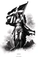 athena greek goddess carrying greek flag on coming to new york black and white  tattoo design idea