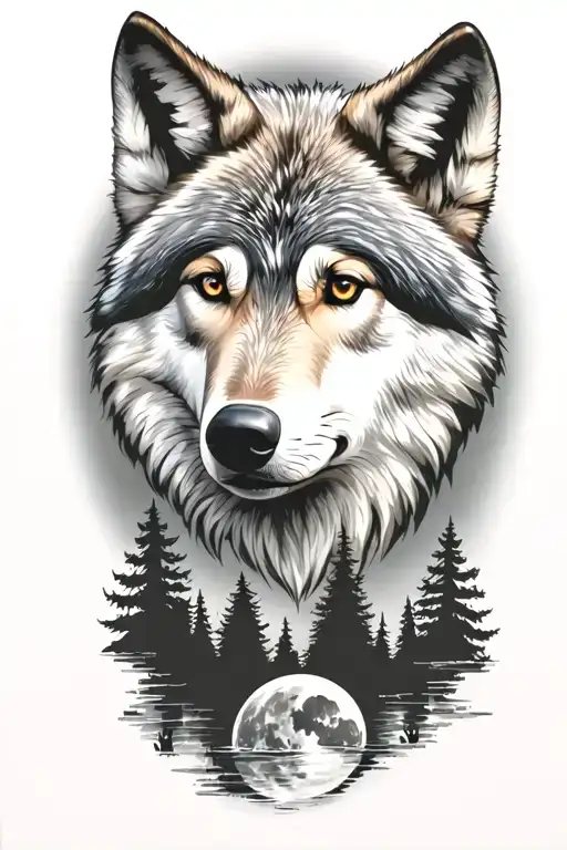 wolf cub, moon, forest, river, adult wolf head tattoo design idea