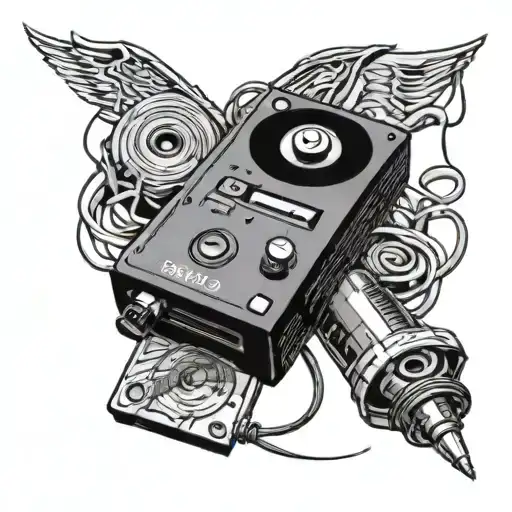 a CD, a 90's music cassette and a PlayStation 1 joystick tattoo design idea