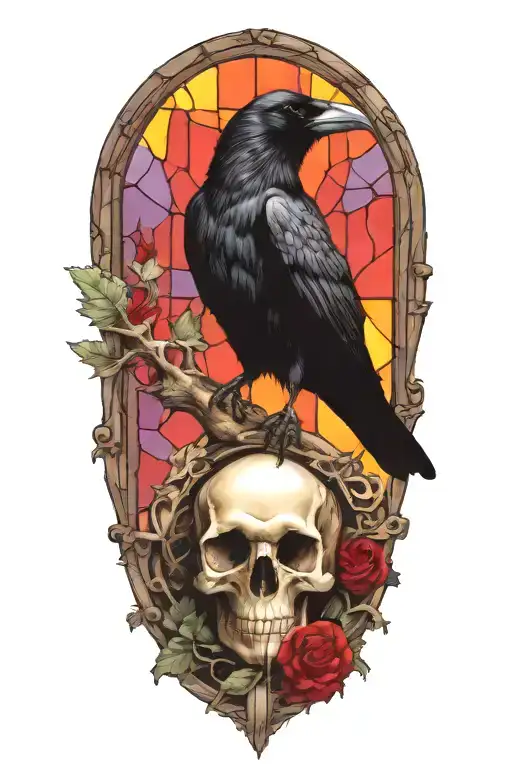 Raven perched on skull with stain glass window background tattoo design idea
