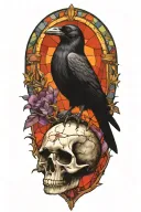 Raven perched on skull with stain glass window background tattoo design idea